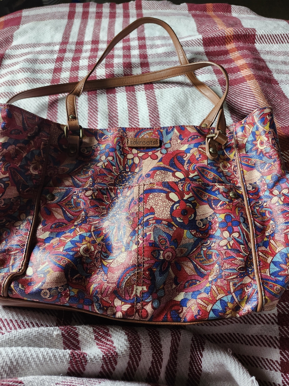 Sakroots Vibrant Floral Tote with Tan Handles